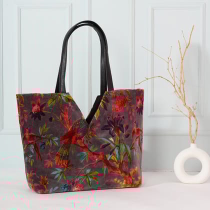 Birds of Paradise V Cut Velvet Hand Bag- Grey