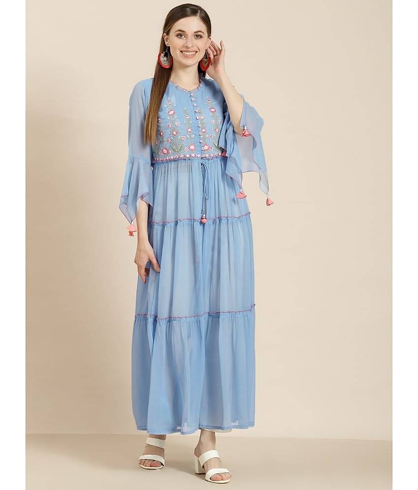 Juniper - Blue Chiffon Women's Tiered Flared Kurti ( Pack of 1 )