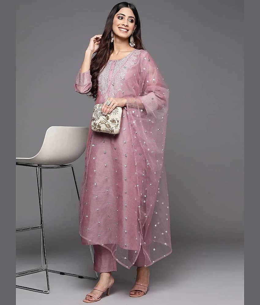 Royal Export Silk Embroidered Kurti With Pants Women's Stitched Salwar Suit - Pink ( Pack of 1 )