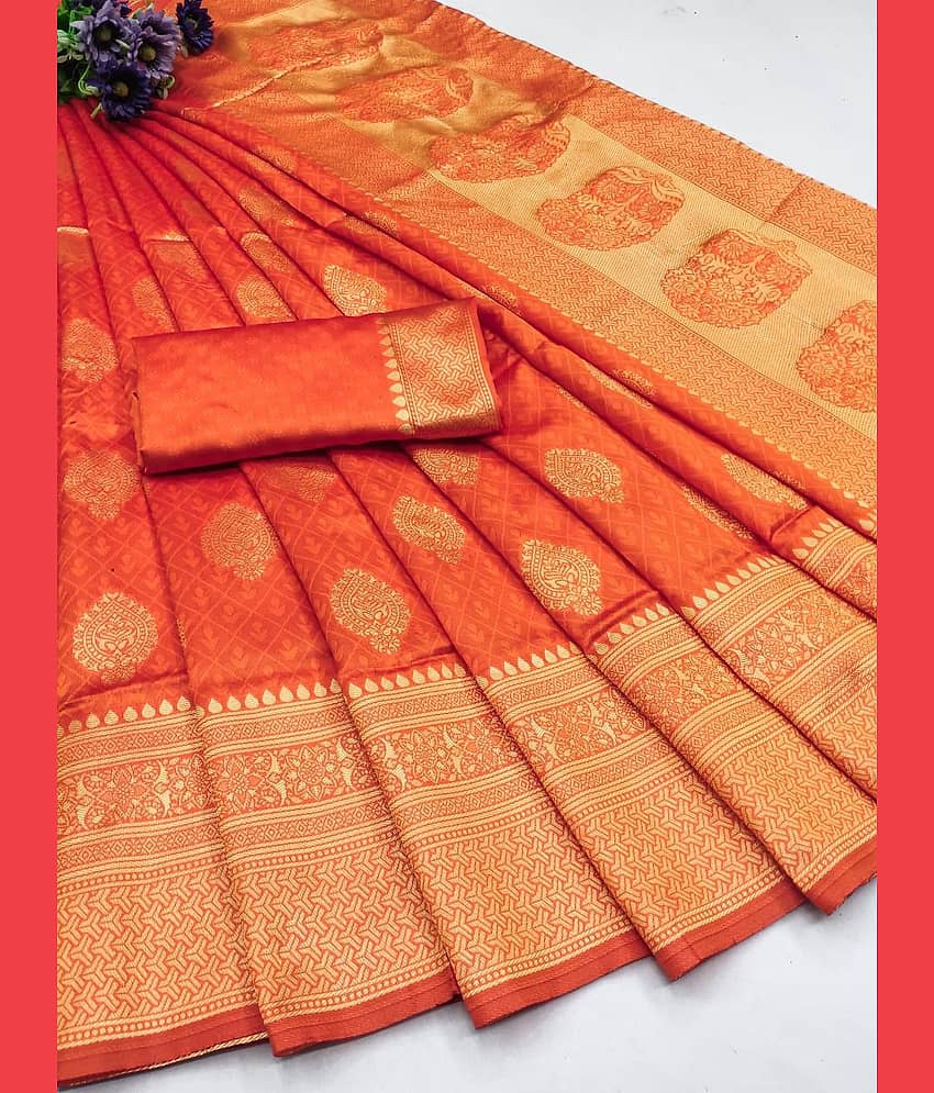 fab woven Art Silk Woven Kanjeevaram Sarees With Unstitched Blouse Piece ( Orange )