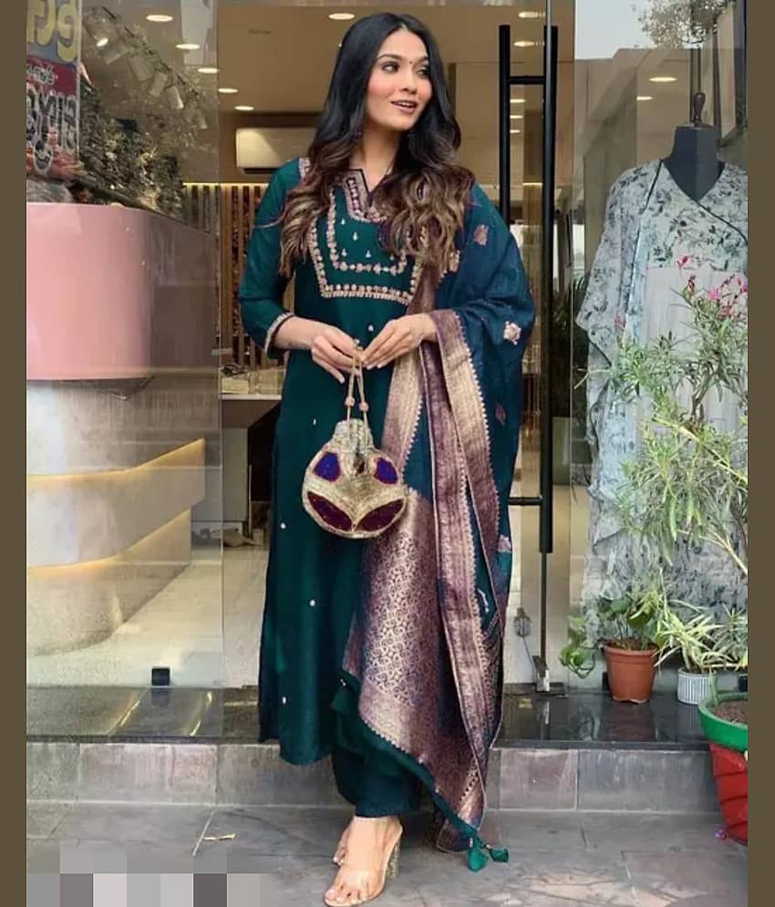 Mahek Fashion Chanderi Embroidered Kurti With Pants Women's Stitched Salwar Suit - Green ( Pack of 1 )