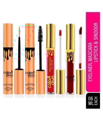 Color Diva Waterproof Eyeliner, Mascara, Sindoor & Liquid Lipstick Makeup Kit Pack of 4 24