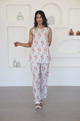 Red & Beige Floral Sleeveless Co-Ord Set-XS