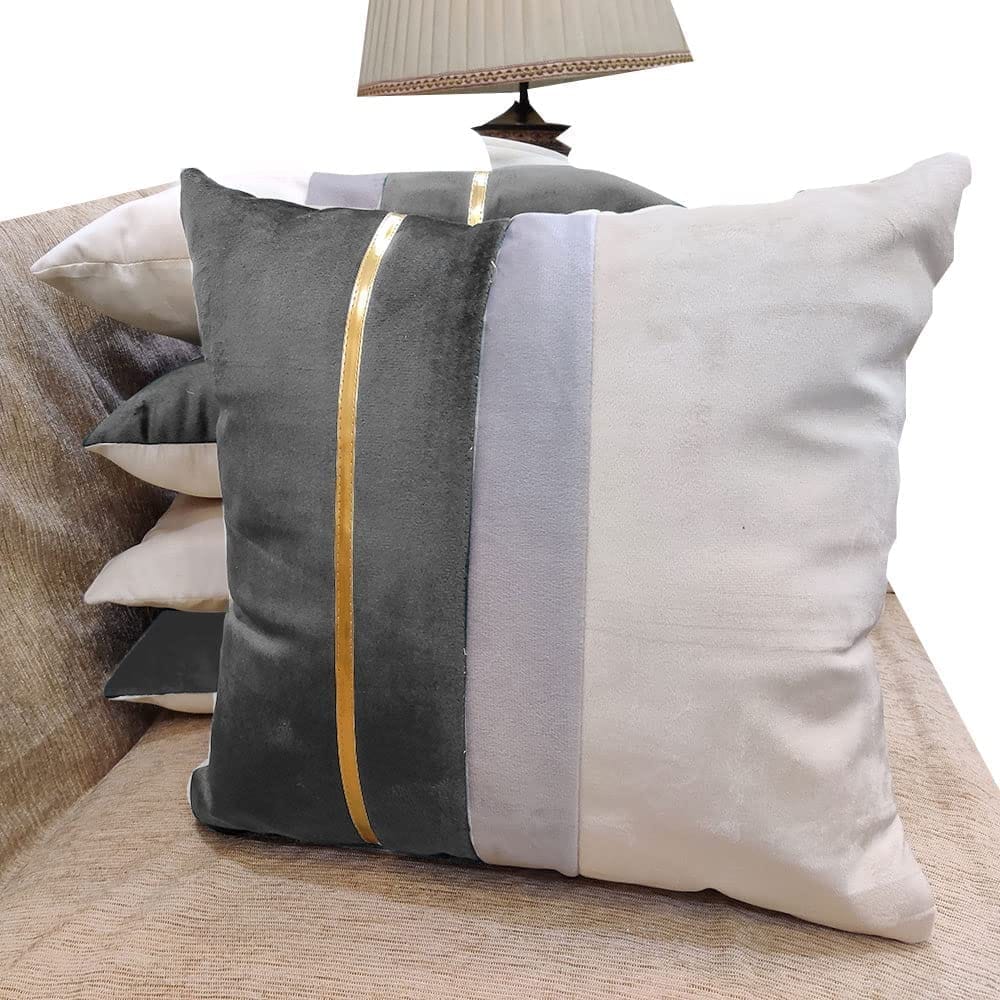 GOODVIBES Grey Beige Gold Leather Striped Patchwork Velvet Cushion Case Luxury Modern Throw Pillow Cover Decorative Pillow for Couch Living Room Bedroom Car| 16X16 Inches | 40cm * 40 cm I Set of 5|
