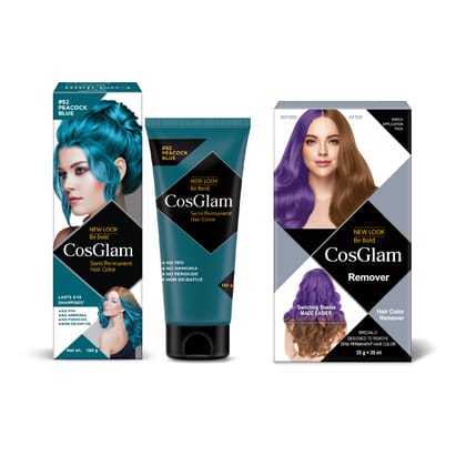 COSGLAM Semi Permanent Hair Color Peacock Blue 120g and Hair Color Remover 70ml, Switching Shades Made Easy