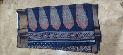 Navy Blue Printed Cotton Saree with Paisley Motifs & Contrast Border