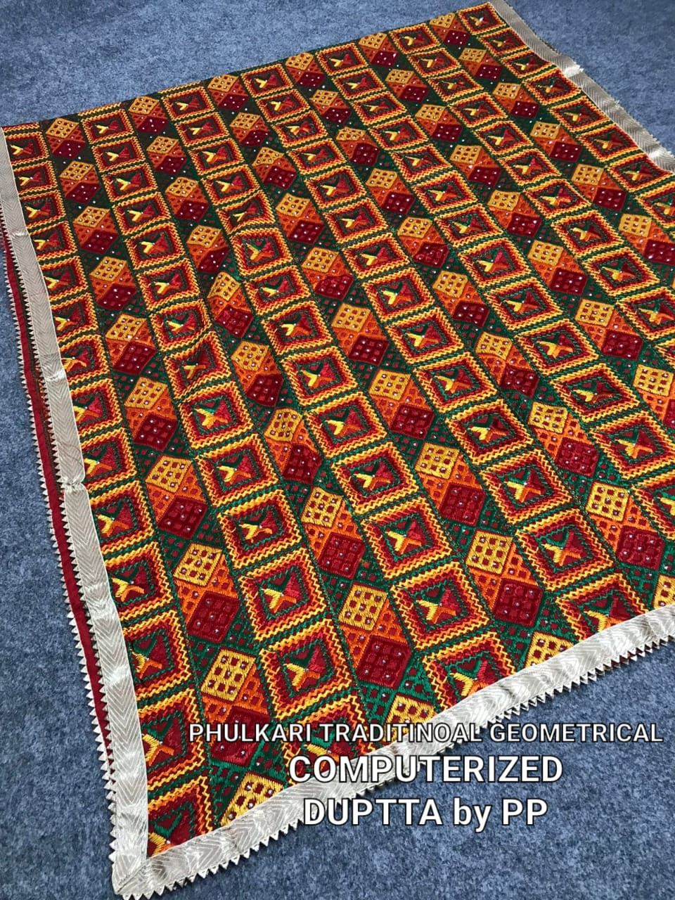 Punjab Phulkari   Digitized Phulkari: Traditional Geometric Elegance - Chanderi Cotton
