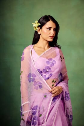 Lavender Pure Organza Saree with Hand-Painted Purple Floral Motifs & Pearl Sequin Highlights | Satin Blouse-Regular