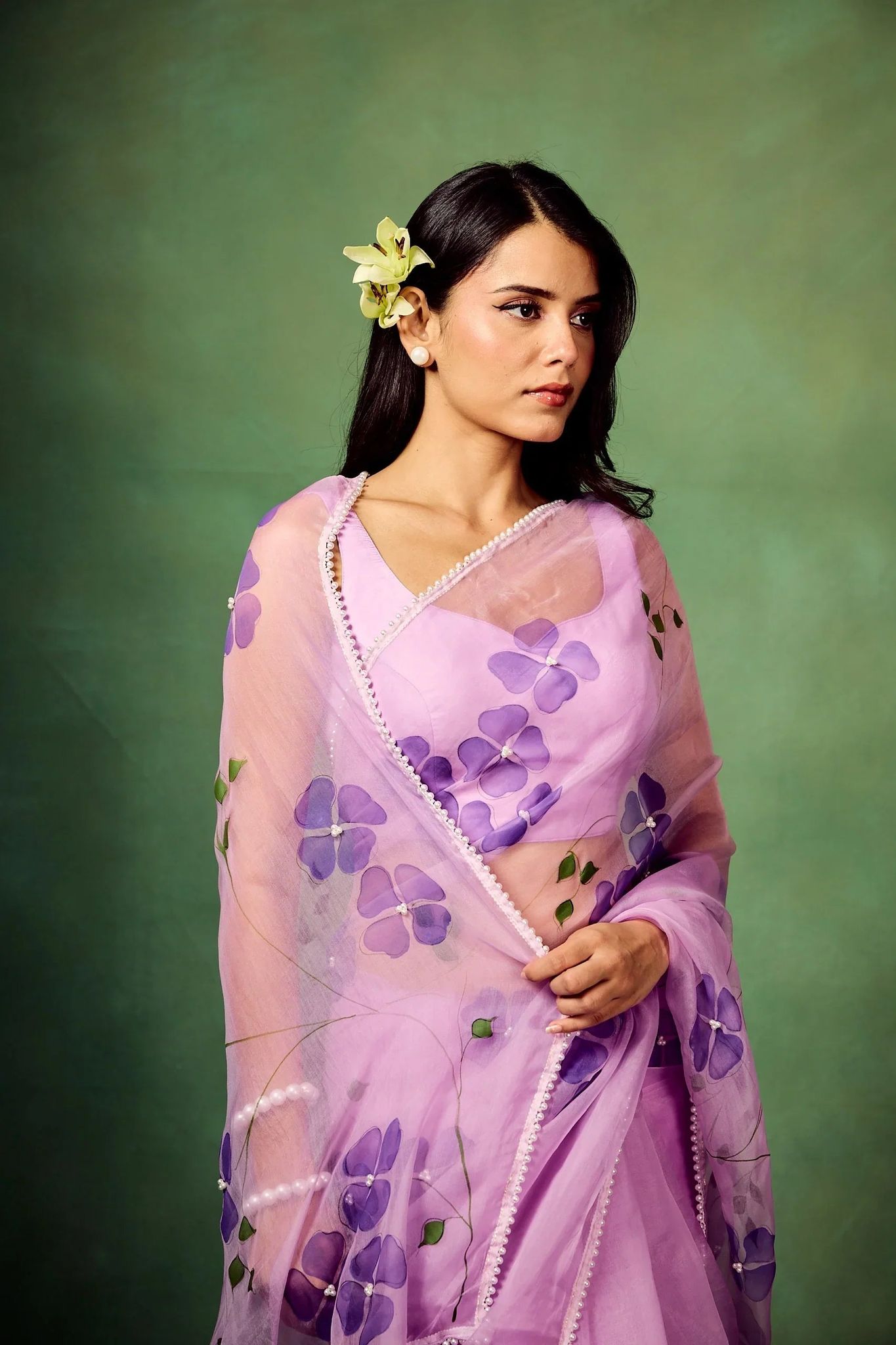 Lavender Pure Organza Saree with Hand-Painted Purple Floral Motifs & Pearl Sequin Highlights | Satin Blouse-Regular
