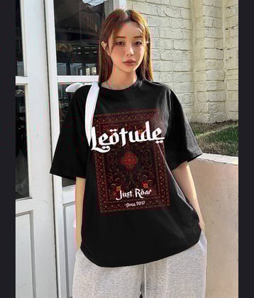 Leotude Women Cotton Blend Printed Oversized Fit Round Neck T-Shirt ( Black )