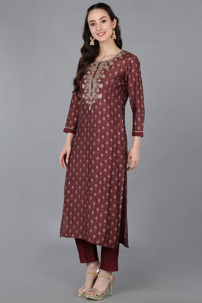 Affordable Women Maroon Silk Blend Geometric Straight Kurta Trousers With Dupatta VKSKD1697 2026