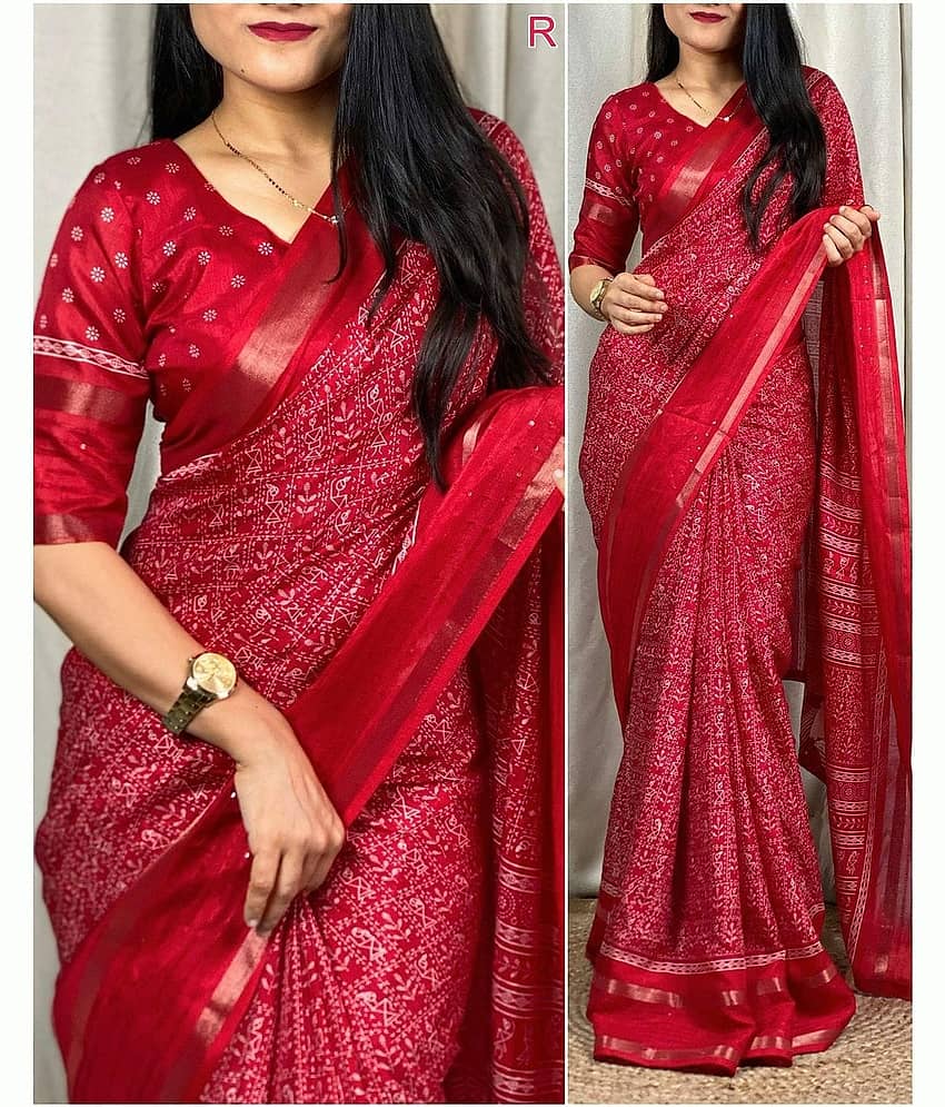 Bhuwal Fashion Art Silk Printed Saree With Unstitched Blouse Piece ( Navy Blue )