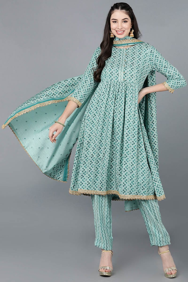 Sea Green Cotton blend Anarkali Kurta Pant With Dupatta VKSKD1463