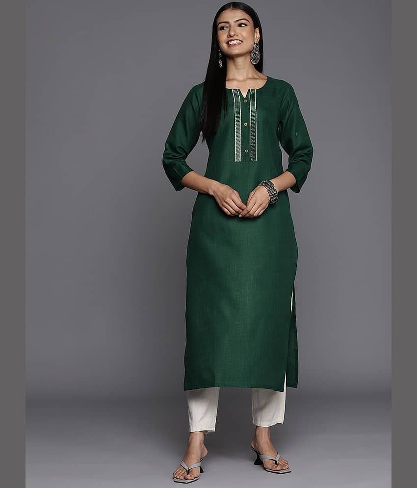 Varanga Cotton Embroidered Straight Women's Kurti - Green ( Pack of 1 )