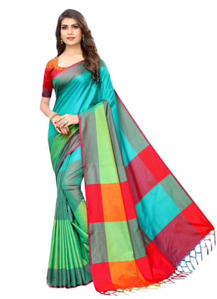 Generic Women's Cotton Silk Saree with Blouse (Turquoise Blue, 5 - 6 Mtrs)