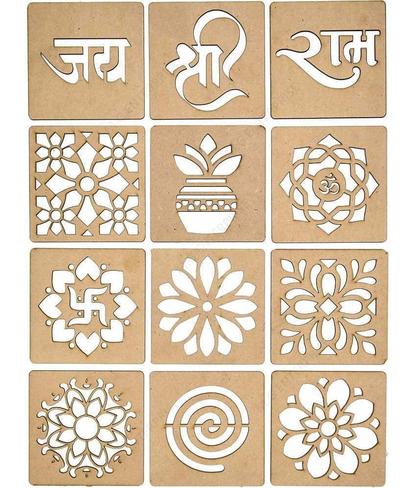 M G Enterprise DIY MDF Wood Organic Rangoli Stencils For Floor and Wall R-1 Set of 12 pc (4 in x 4 in)