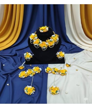 Koogly Floral Jewelry Set with Necklace, Earrings, Maang Tikka, Hathphool, Pink and Yellow, Pearl Accents (Yellow_White Jewellery)