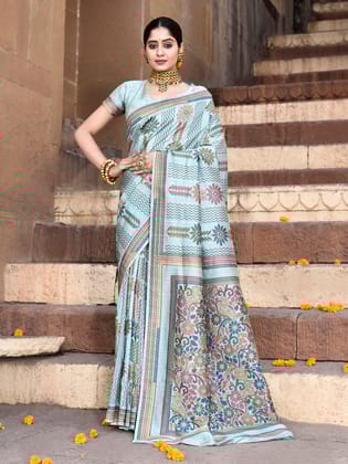 Aqua Blue Pure Tussar Silk Kantha Pattern Saree