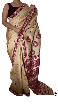 Golden Yellow Tassar Designer Saree for Festive Occasions - Elegant 5 Meters Long with Intricate Eritreate Design in Chocolate and White - Ideal for Weddings and Cultural Gatherings