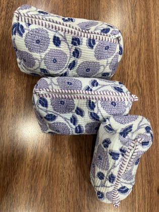 Quilted Cotton Oven Mitts Set, Cosmetic Bags, Floral Print, Blue and Purple, Heat Resistant Kitchen Gloves, Set of 3