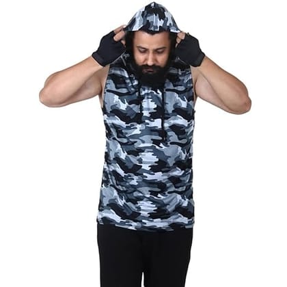 Men's Grey Camouflage Sleeveless Hoodie with Drawstring