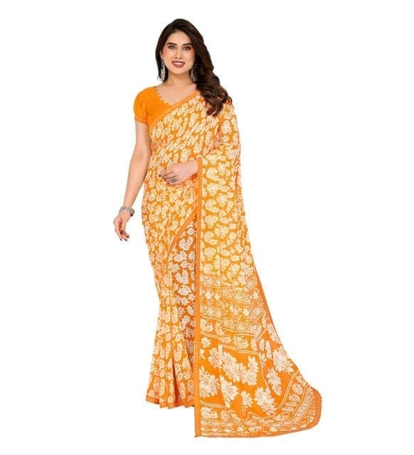 Women's Yellow Georgette Printed Saree with Unstitched Blouse 5.5Mtr