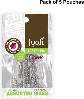 Jyoti 33115 Safety Pins - Classic, Strong Nickel Plated Steel, Rust Resistant, Heavy Duty Variety Pack, Perfect for Clothes, Crafts, Sewing, (20 Assorted Pins in a Pouch) Sizes 0, 1 & 2 - Pack of 5