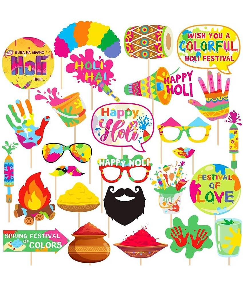 Zyozi  Holi Festival Photo Props Happy Spring Indian Color Festival Photo Booths, Holi Bollywood Party Supplies, 27 PCS