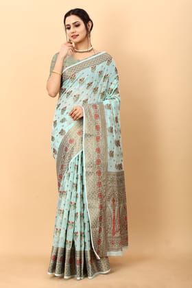 Yavira silk Women's Blue Handwoven Chanderi Saree
