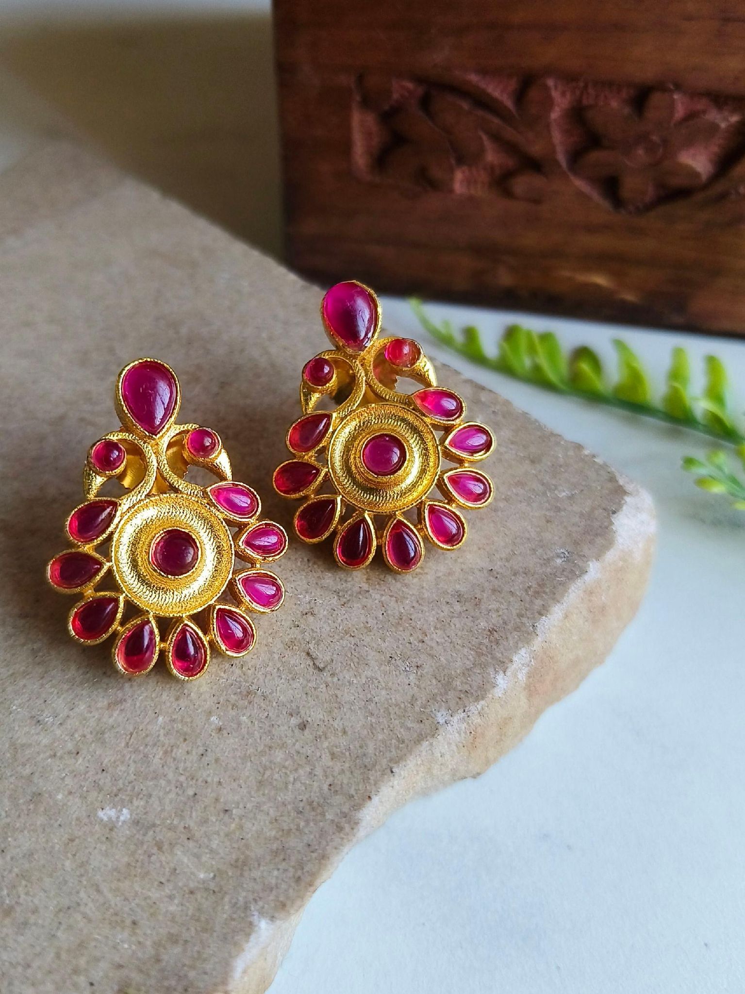 Gold-Plated Earrings with Stones and Tree Shape Design | Sarichka-Magenta