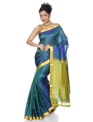 Turquoise Blue Kanchipuram Silk Saree with Slim Border