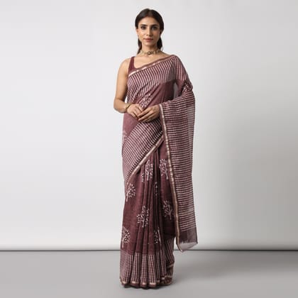 MOORA Revathy Rose Taupe Hand Block Print Chanderi Silk Saree with Zari Border Length 5.50 Meters Width 44 Inches with Blouse Piece 1 metre