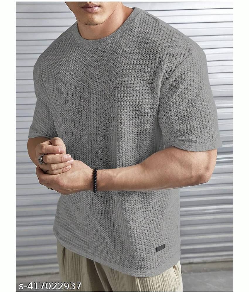 TAZO Cotton Blend Oversized Fit Self Design Half Sleeves Men's Round T-Shirt - Grey ( Pack of 1 )