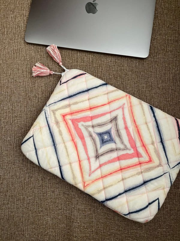 KRI India Ombré Multicoloured Quilted Laptop Cover|15 inches | Pink back & Multicoloured tie & dye front | Wash & Care | 100% Cotton | Handcrafted in India. 100% organic & natural.
