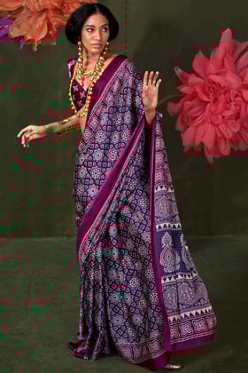 Thunder Blue Ajrakh Printed Satin Silk Saree