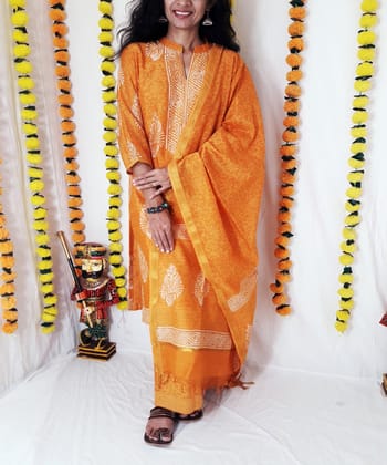 3pc golden mustard handwoven block print chanderi kurta and pant with dupatta