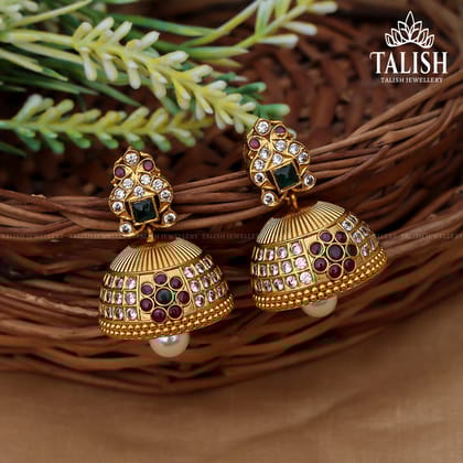 Elegant Gold-Plated Jhumka Earrings with Multicolor Stones