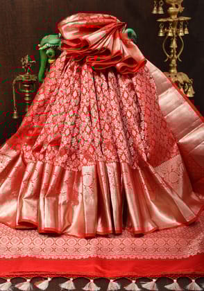 Red and White Gold Exquisite Kanjivaram Pure Silk saree with Ornate Jaal Brocade | SILK MARK CERTIFIED