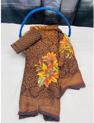 Women's Viscose Rayon Printed Saree with Unstitched Blouse (Brown)