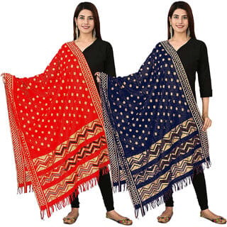 Silk Blend Woven Red, Dark Blue Women Dupatta