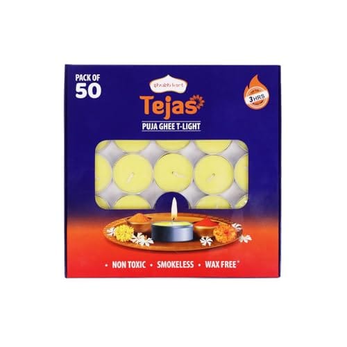 Shubhkart Tejas Puja Ghee T-Light Candles 50N | Non Toxic Smokeless & Wax Free Tea Light Candles Perfect for Home