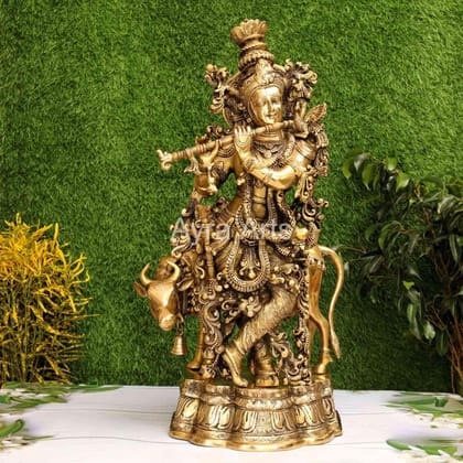 Pure Brass Lord Krishna with Holy Cow Statue - 27 Inch Height