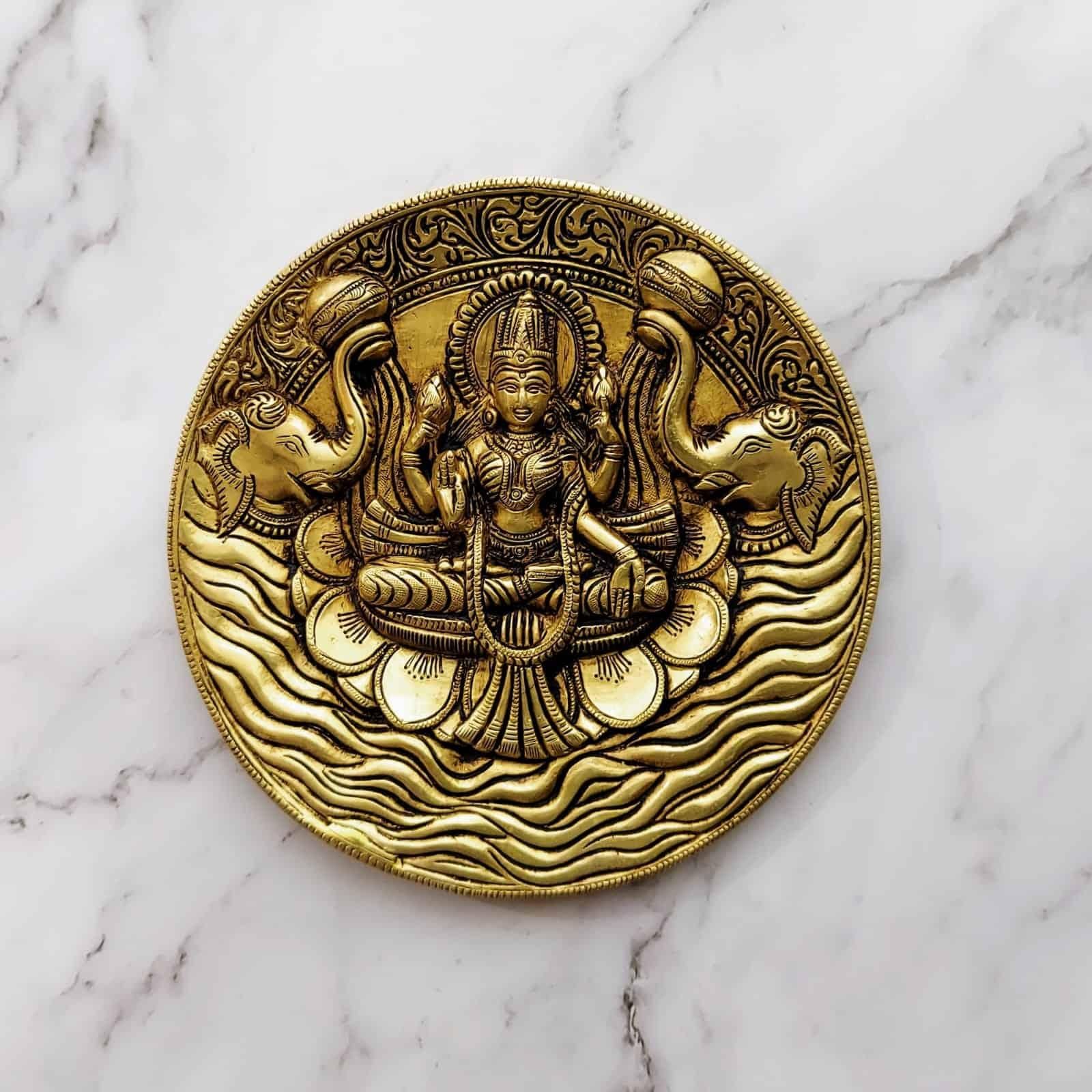 Brass Gaja Lakshmi Wall Hanging Plate - 7.5 inch Height | Auspicious Brass Wall Plate with Gaja Lakshmi Motif