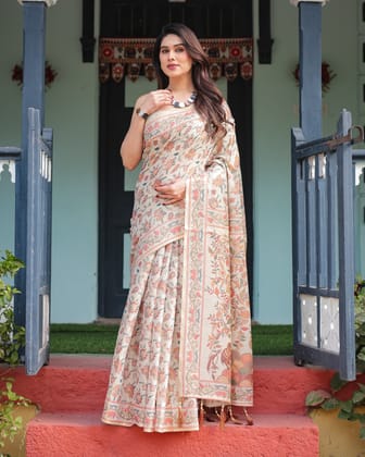Elegant Beige Handloom Cotton-Linen Saree with Golden Zari Weave, Floral Printed Pallu & Tassel Detailing-Regular
