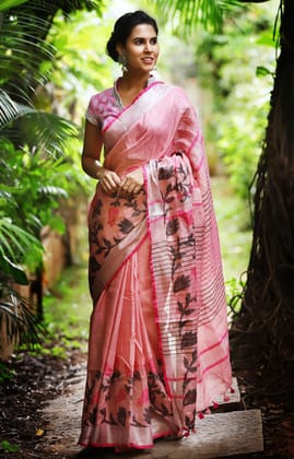 Beautiful Pink Color Flora Weave Linen Digital Printed Sari 1077