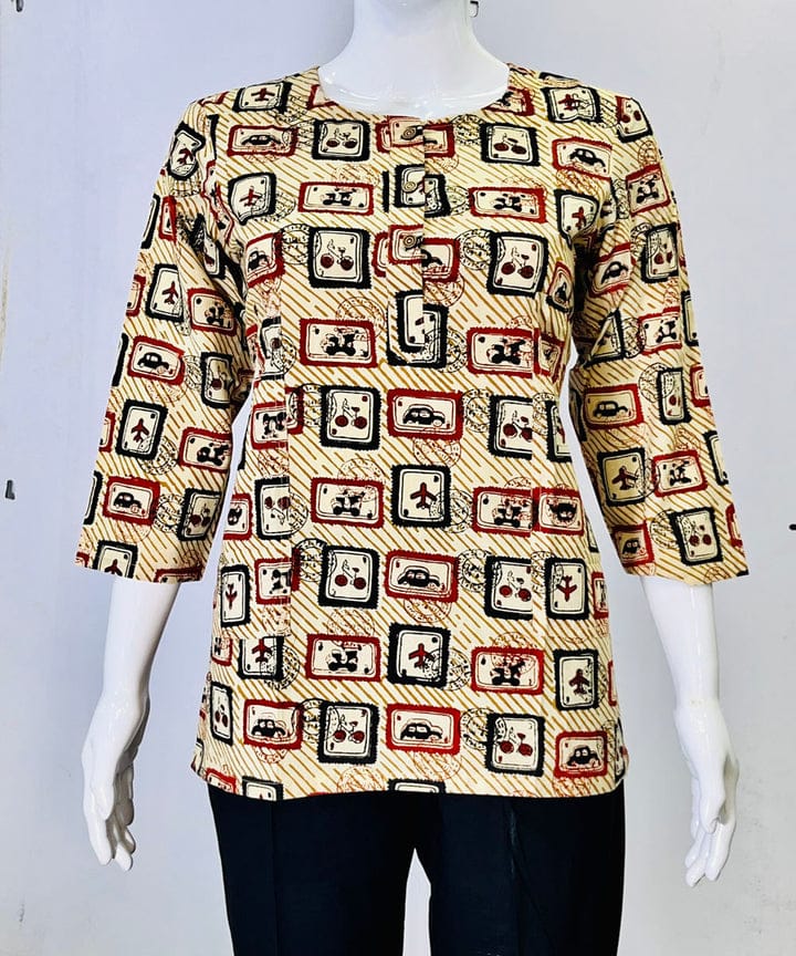 Beige handblock printed cotton top