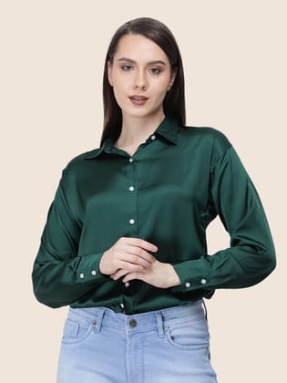 Emerald Green Regular Fit Summer Satin Shirt-M