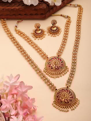 NVR Women's Set of 2 Gold Plated Red & Green Stone Studded Peacock Design Temple Jewellery Set-Onesize / Gold / Brass