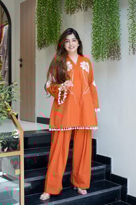 Maheera Schiffli Detailing Farsi Salwar Set-Orange / M