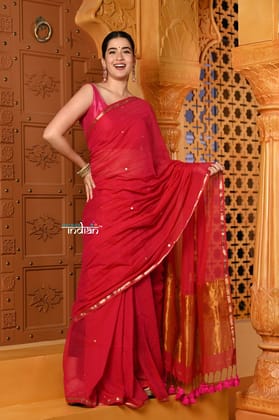 Shubh ~ Designer! High Quality Pure Mul Cotton Handloom Saree - Rich Red